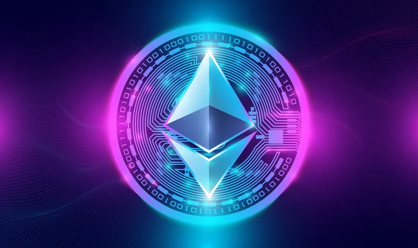 Ethereum logo against a purple neon background