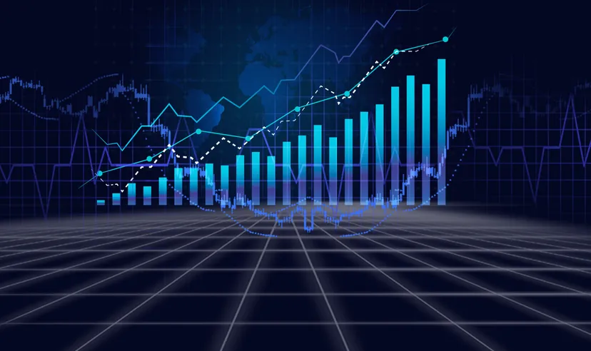 Stock market exchange technology or world economy, business growth concept. Abstract financial charts and graphs background. 3d Illustration.