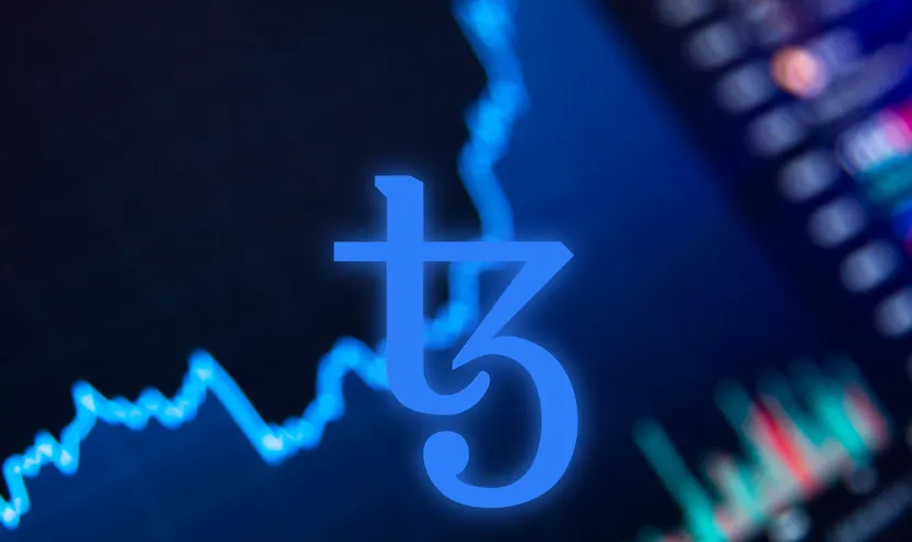 the Tezos (XTZ) logo in blue on a dark blue background with finance graph