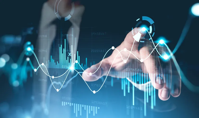 Platinum vs palladium: Which metal to choose? Office man finger touch finger, virtual screen with stock market changes, business candle chart chart. Double exposure of blue and white lines, growing numbers, online trading