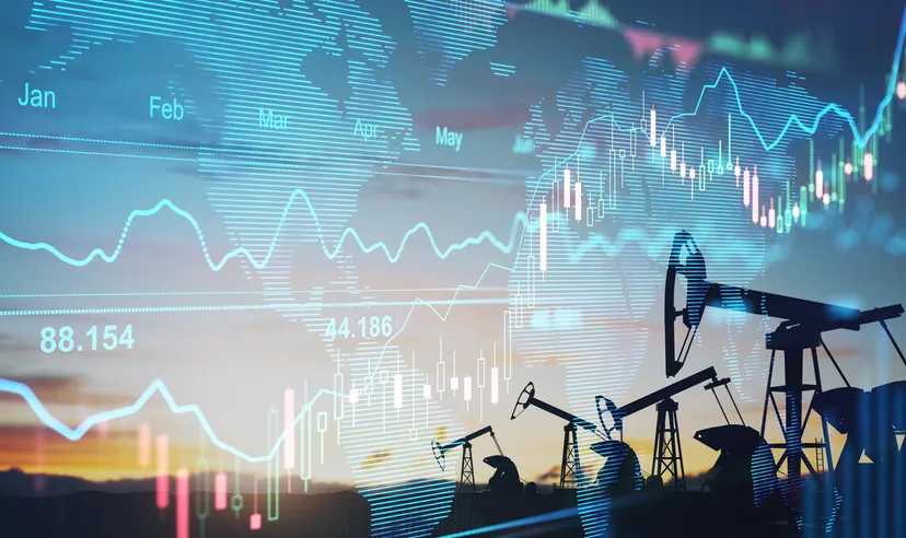 Rise in gasoline prices concept with double exposure of digital screen with financial chart graphs and oil pumps on a field
