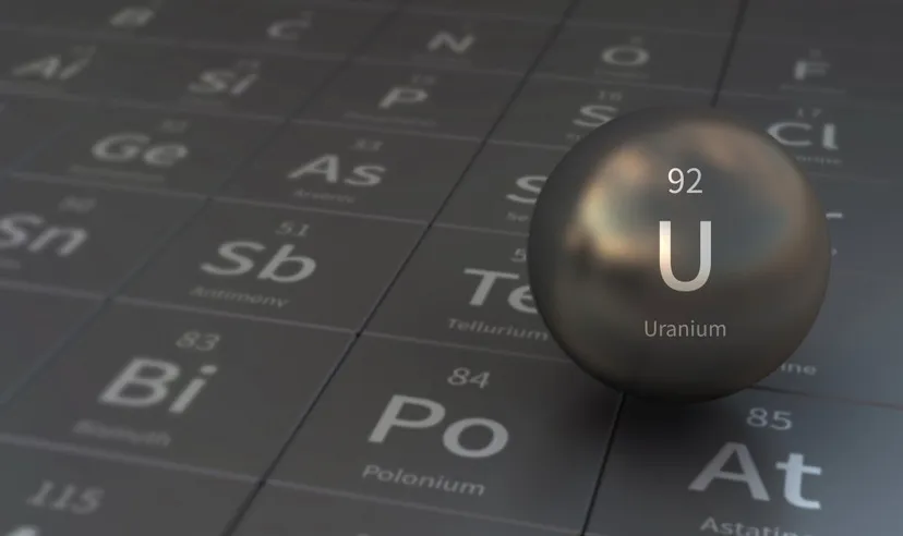 Elemental uranium Uranium element in front of periodic table