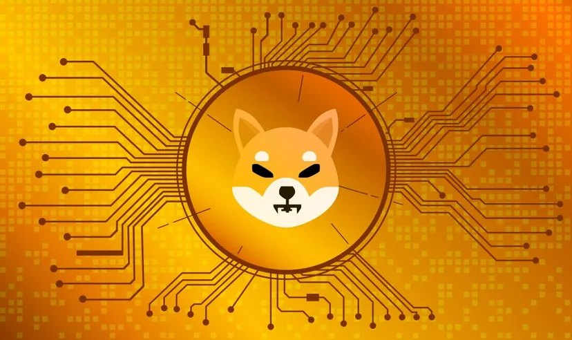 SHIB cryptocurrency logo, showing a cartoon Shiba Inu dog on a coin, over a golden orange background with circuit board graphics detail