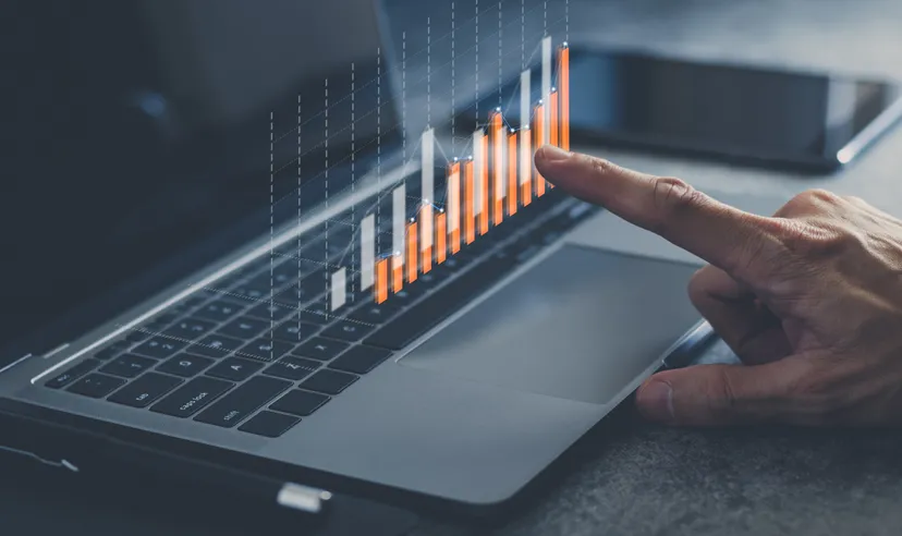 How to see what big investors are buying: Research can help to find best buys Laptop or computer with chart. Investment in business and financial concept of growth and success. Investor data analysis for planning in strategy of stock market fund. Invest f
