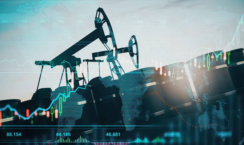 Oil pumping machinery in operation with barrels and digital screen with world map and financial chart graphs and indicators, natural resources stock market concept.