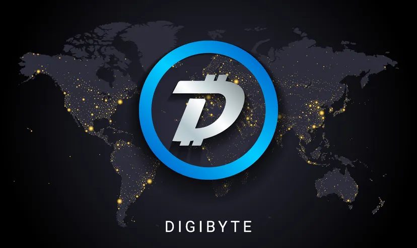 Digibyte crypto currency digital payment system blockchain concept. Cryptocurrency isolated on earth night lights world map background. Vector illustration