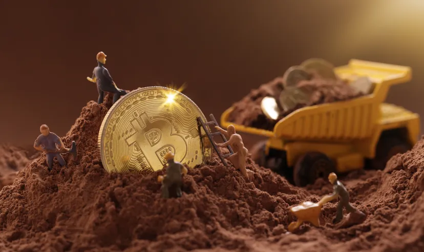 Miner figurines digging ground to uncover big Gold bitcoin. Cryptocurrency Mining concept
