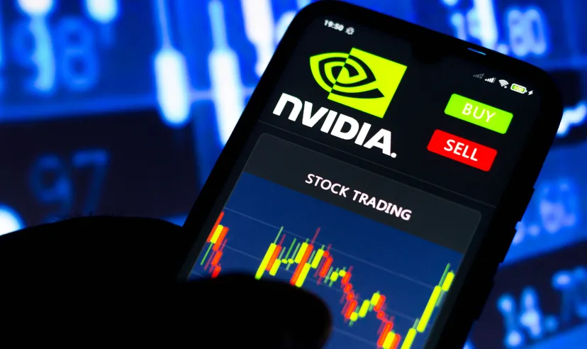 Kerzencharts, die den Nvidia-Aktienkurs zeigen, werden auf einem Mobilbildschirm mit Nvidia-Logo oben angezeigt. Im Hintergrund sind unscharfe Kerzencharts zu sehen, die auf und ab gehen.