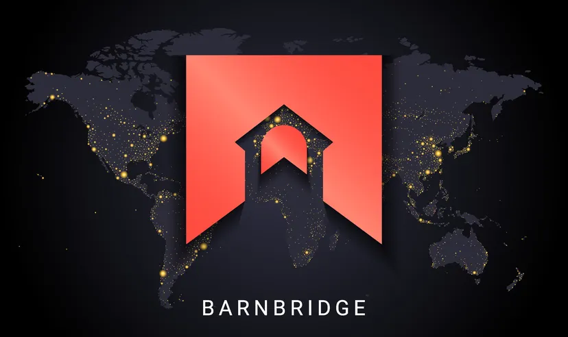 The BarnBridge logo in front of a map