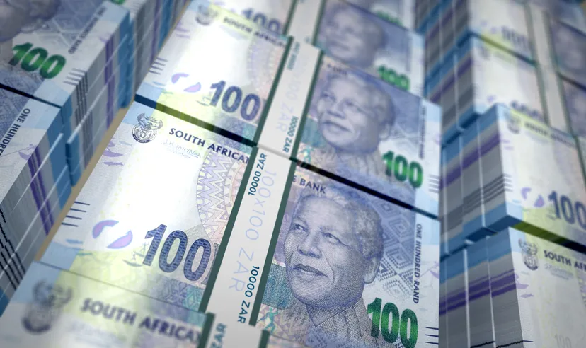 South Africa Rand money pack 3d illustration. ZAR banknote bundle stacks. Concept of finance, cash, economy crisis, business success, recession, bank, tax and debt.