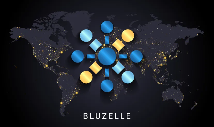 The Bluzelle logo on a world map