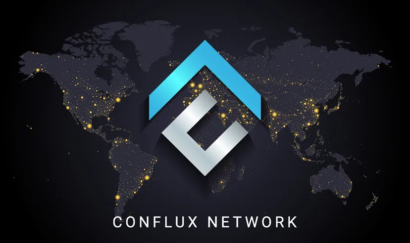 Conflux logo isolated on earth night lights world map background. 