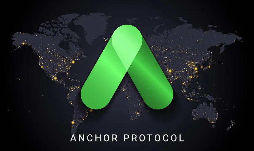 The green Anchor Protocol logo on a dark world map background