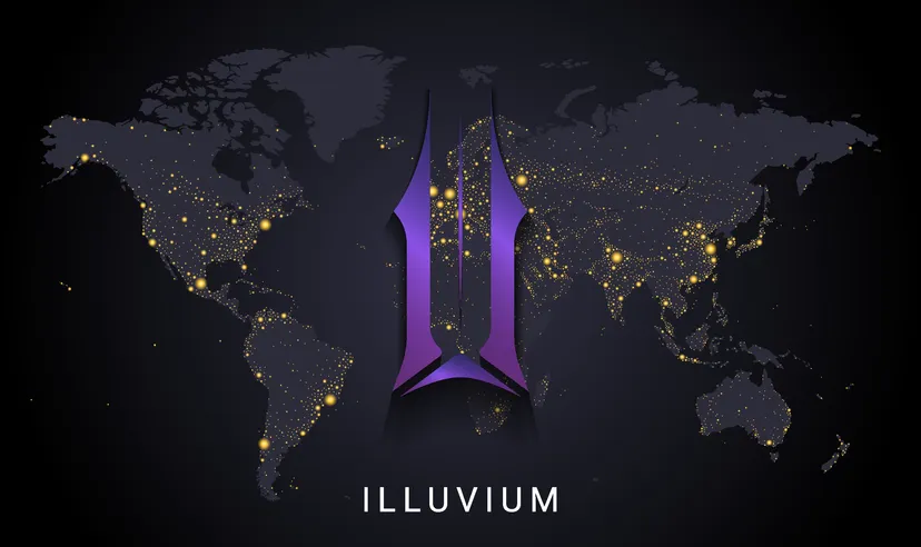 What is ILV Illuvium crypto currency digital payment system blockchain concept. Cryptocurrency isolated on earth night lights world map background. Vector illustration