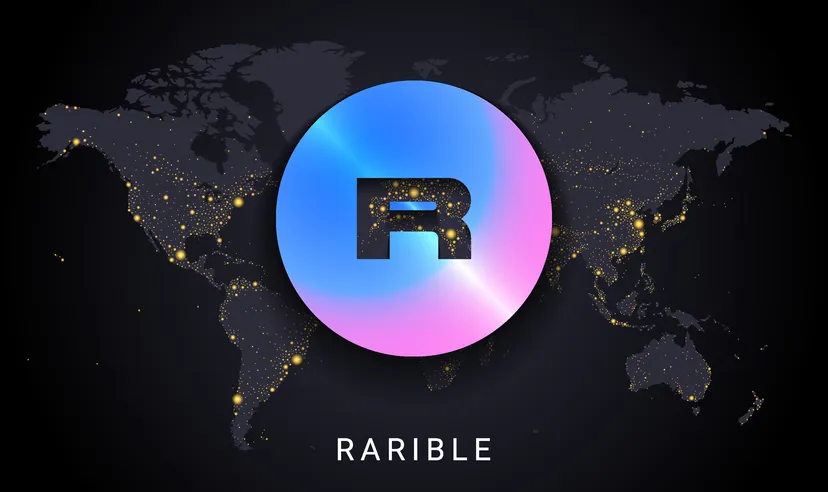 Rarible crypto currency digital payment system blockchain concept. Cryptocurrency isolated on earth night lights world map background. Vector illustration