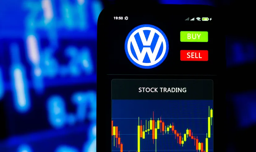 Volkswagen short squeeze Volkswagen logo and a stock chart