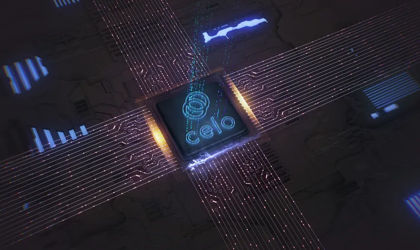 Celo price prediction Celo logo projected in electric blue light onto a graphic background with circuit board detail