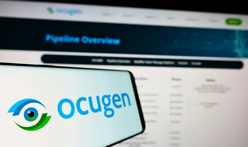 STUTTGART, GERMANY - Aug 15, 2021: Smartphone with logo of US biopharmaceutical company Ocugen Inc on screen in front of website Focus on left of phone display
