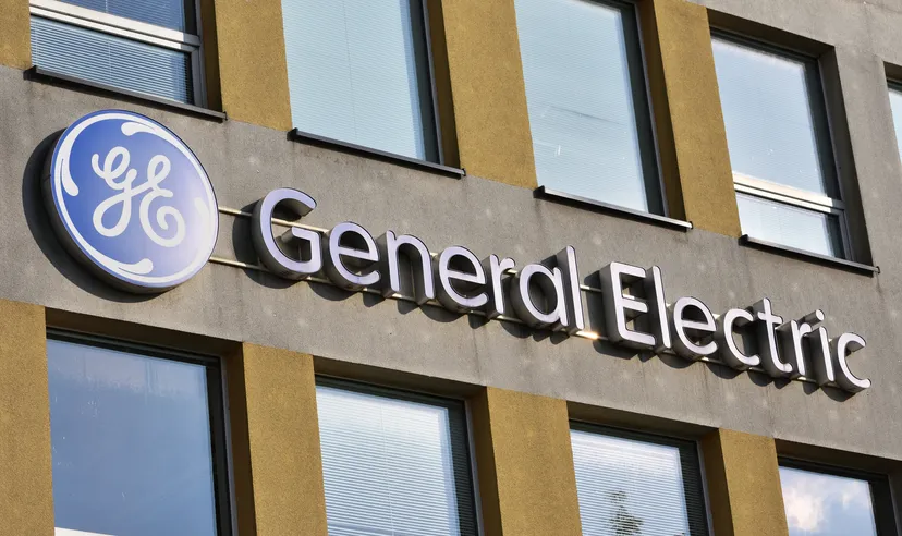 General Electric logo, emblem, symbol on the facade of General Electric Company.