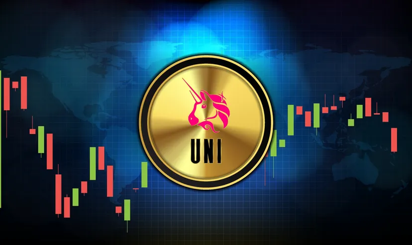 Das Uniswap-Logo eines Einhornkopfes vor einem Trading-Chart-Hintergrund