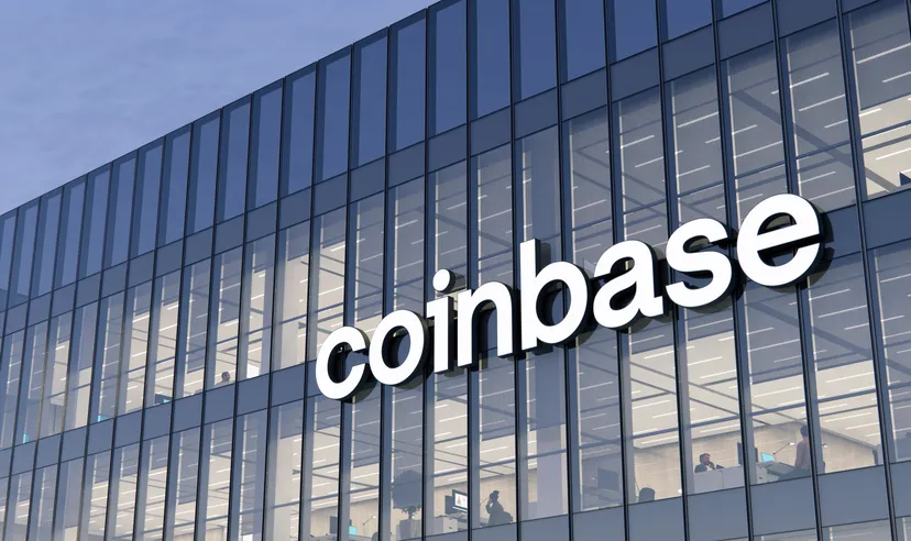 coinbase Signage Logo on Top of Glass Building. 