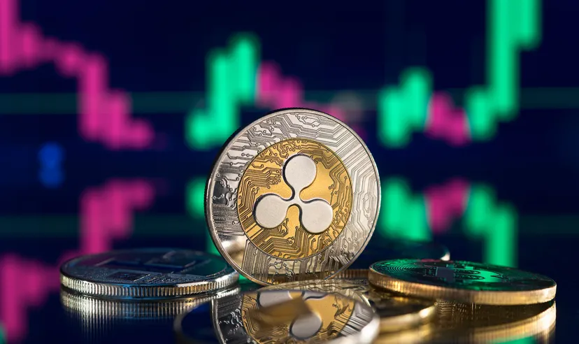 XRP tokens, candle charts going up and down in the background