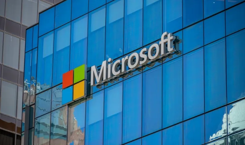 Microsoft logo on an office tower exterior in downtown Vancouver.