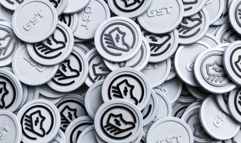 what is Green Satoshi Token (GST) Green Satoshi Token bunch of coins viewed from above. High quality 3D rendering.
