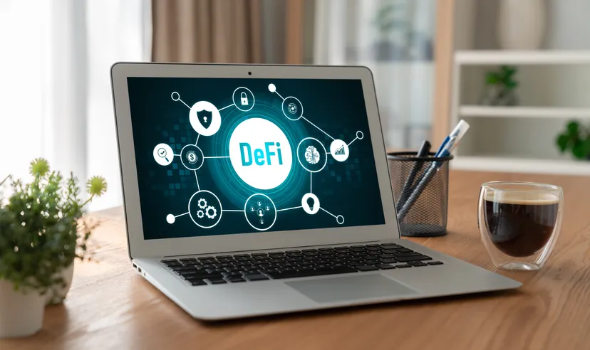A laptop features an illustration explaining decentralised finance (DeFI)