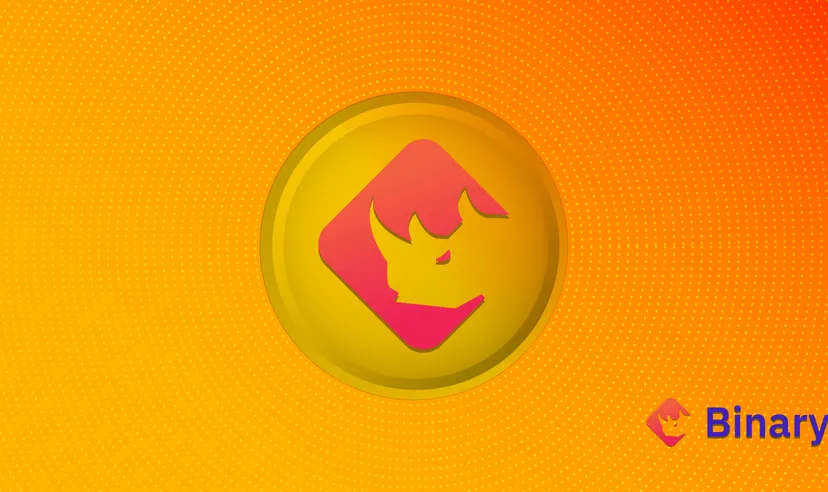 Representation of the BNX token, which features an image of a rhino’s head in a circle on a yellow and orange background
