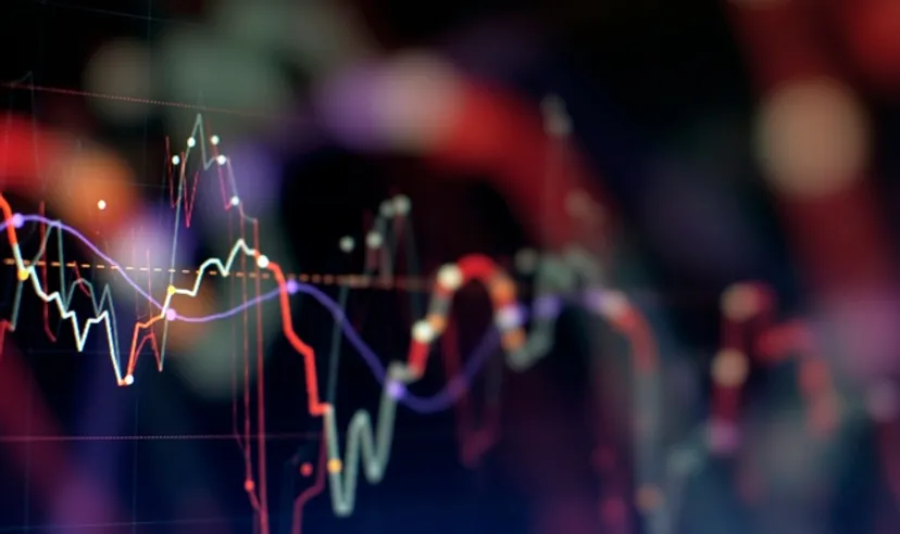 Technical price graph and indicator, red and green candlestick chart on blue theme screen, market volatility, up and down trend Technical price graph and indicator, red and green candlestick chart on blue theme screen, market volatility, up and down trend