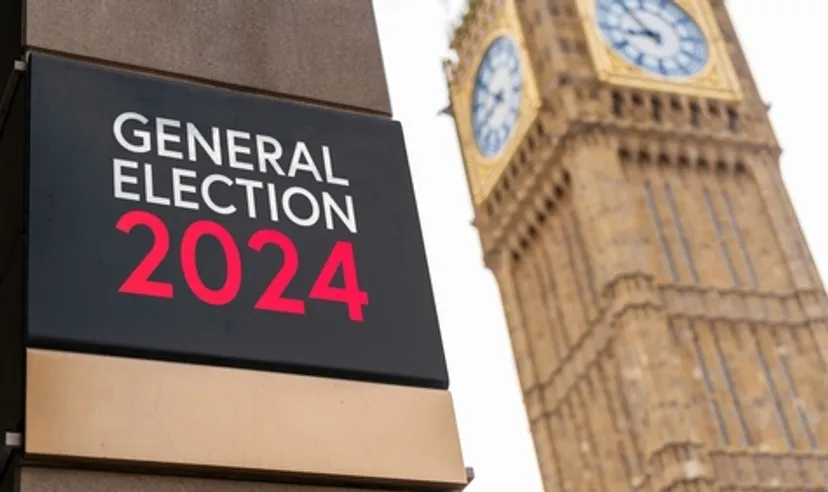 General Election 2024 written on a sign with Elizabeth Tower and Big Ben in the background