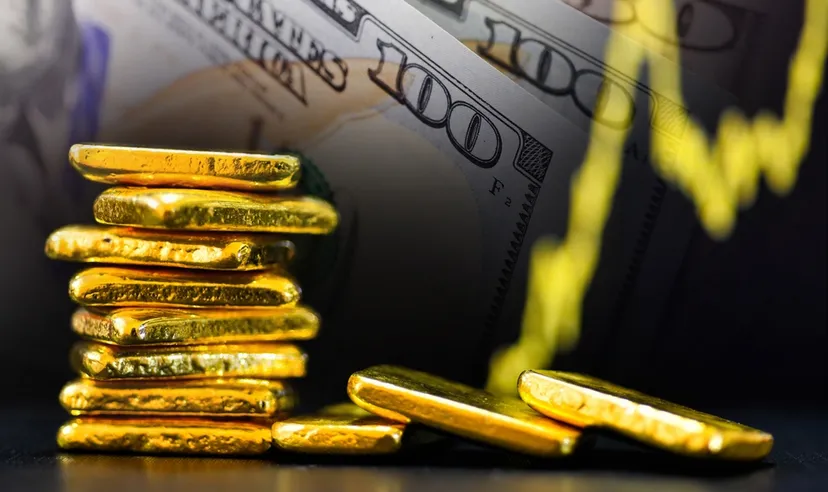 Gold bars and US dollar bill banknotes background.