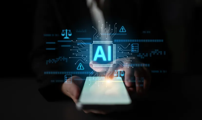 Cómo operar con CFDs sobre Inteligencia Artificial en 2026 Persona sosteniendo un teléfono inteligente con una interfaz digital de inteligencia artificial.