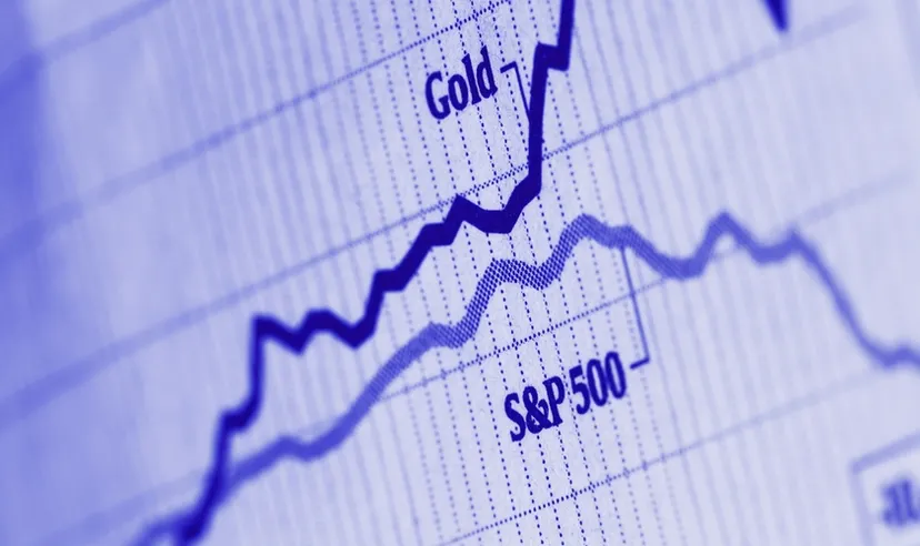 S&P 500 vs gold a chart showing two lines on a stock chart of the S&P 500 and gold