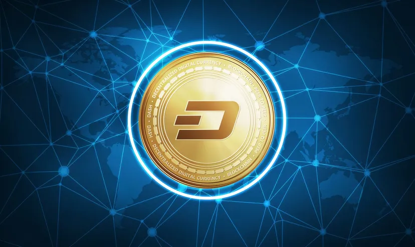 Dash symbol on futuristic hud polygon background with world map and blockchain peer to peer network. Global cryptocurrency and ICO initial coin offering business banner concept