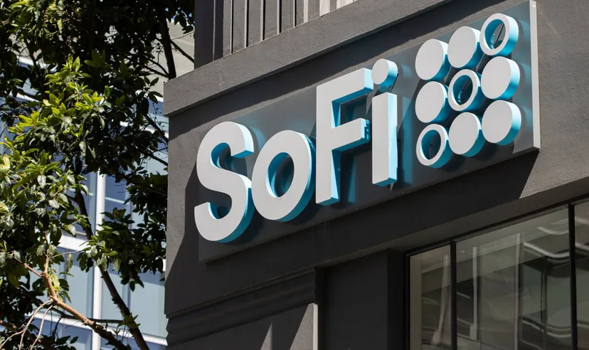 Exterior sign of SoFi mounted on a modern building facade