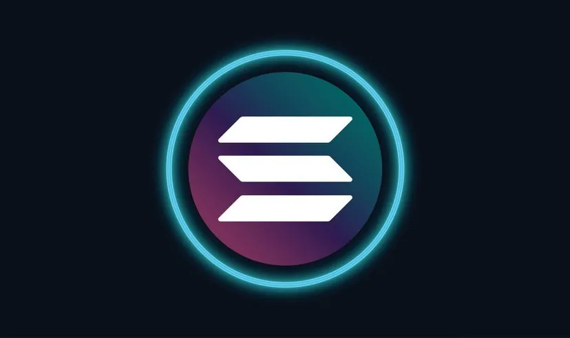 Das Solana-Logo mit dem Buchstaben S in einem blauen Neonkreis auf schwarzem Hintergrund