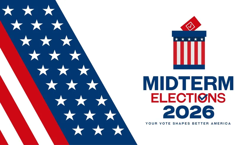 US midterm elections 2026 Midterm Elections 2026 banner with stars and stripes of the American flag and a ballot being cast into a striped ballot box