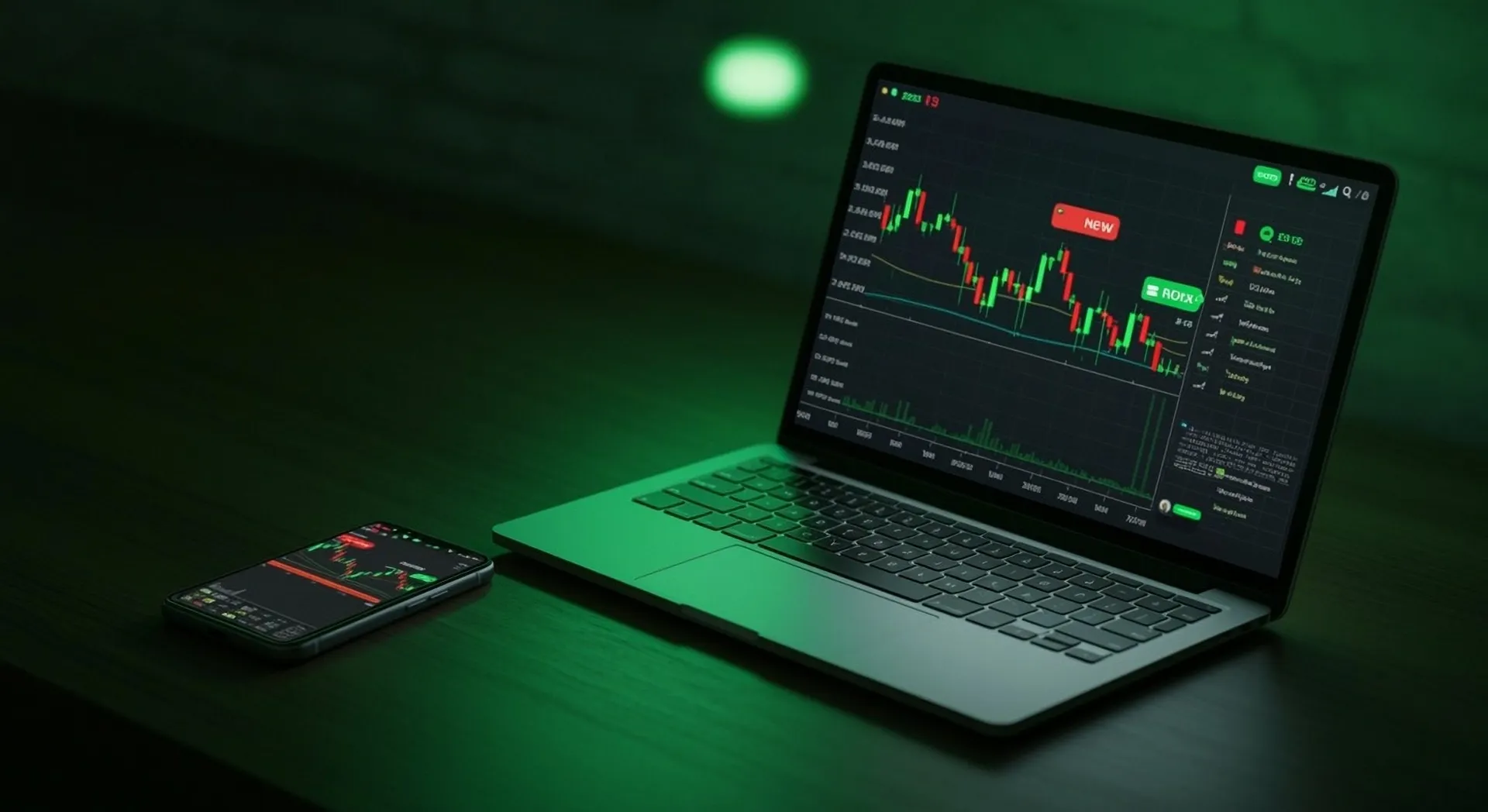 Laptop and smartphone displaying financial trading charts in a dark workspace, representing online trading, market analysis, and digital investing.