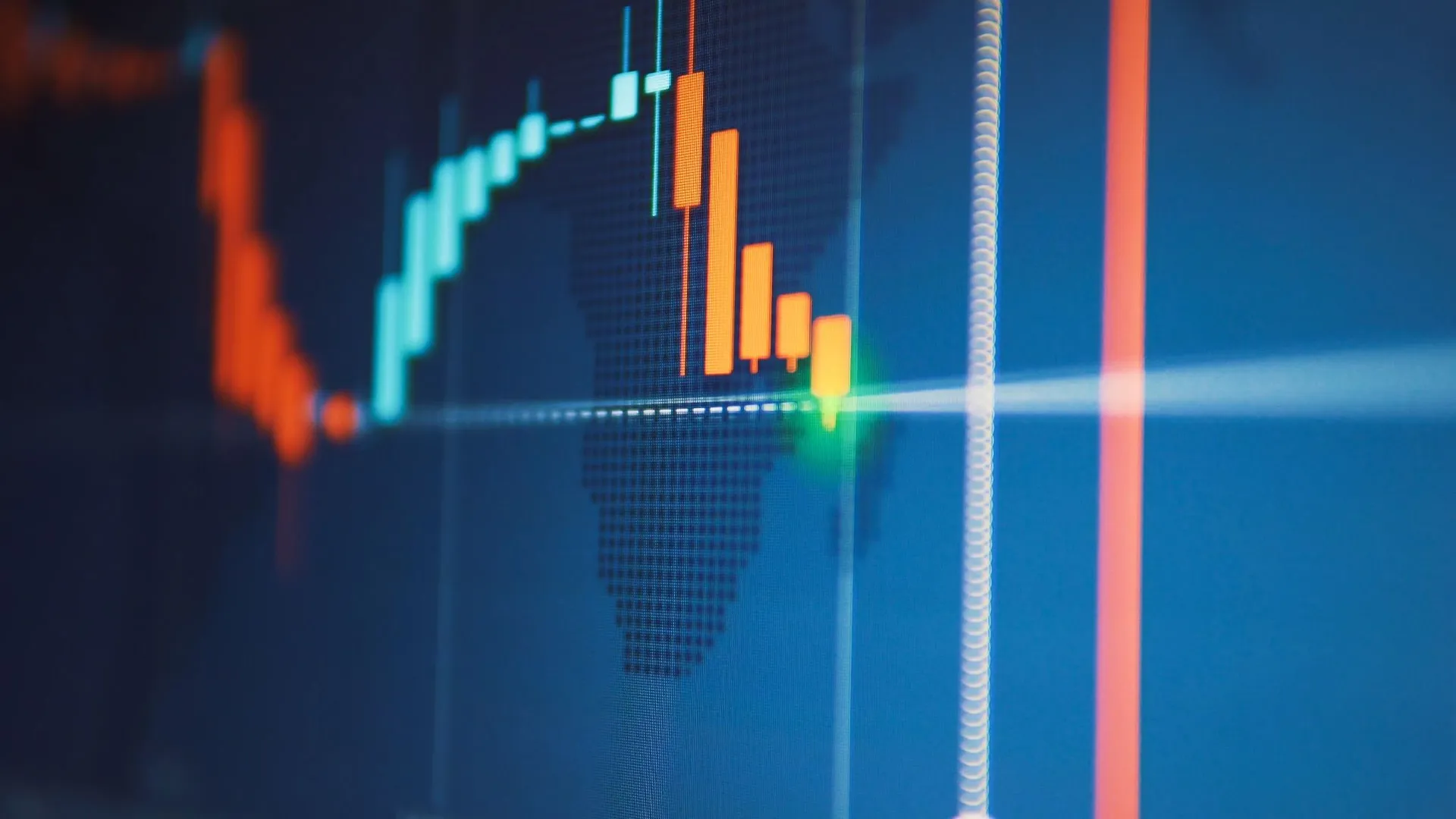 Bearish candlestick pattern on trading chart (Source: Shutterstock) Close-up of a digital candlestick trading chart showing a bearish price movement with declining candles and market indicators.