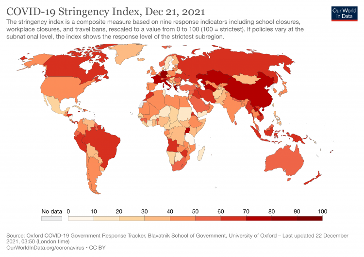 Covid-19 Stringency Index A heatmap of the world showing the level of country restrictions against Covid-19