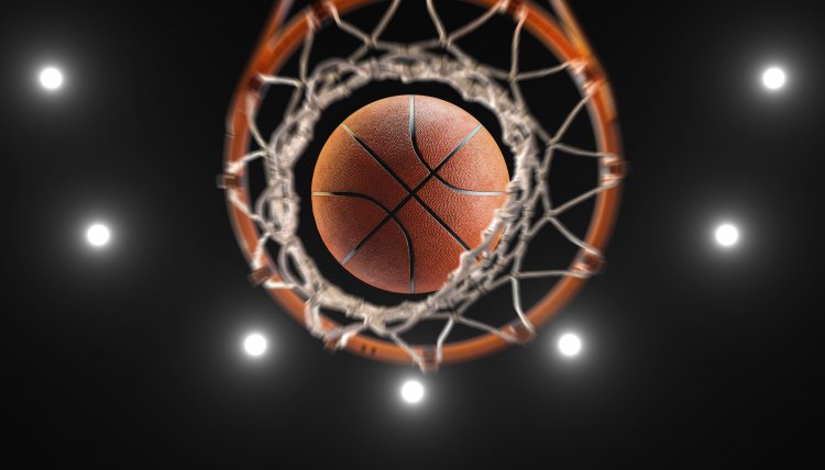Basketball 3D rendering of a basketball on hoop and lighting from roof stadium