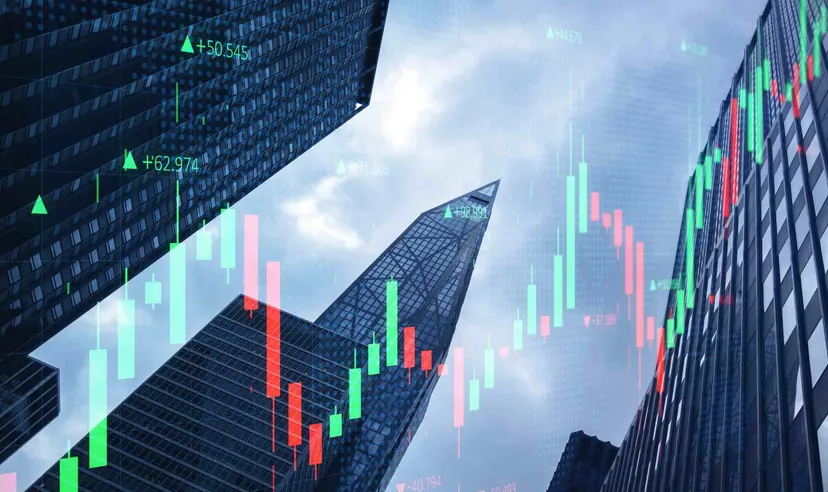 Candlestick stock market chart overlaid on modern office buildings, illustrating financial markets, trading activity, and investment performance.