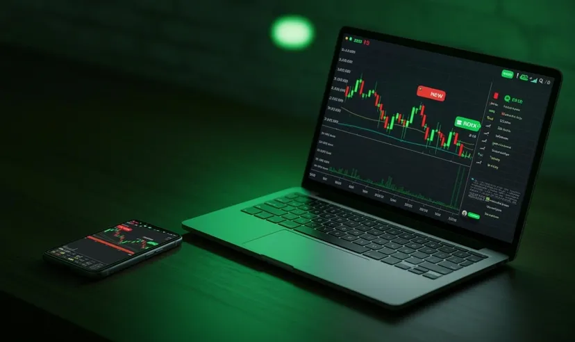 Laptop and smartphone displaying financial trading charts in a dark workspace, representing online trading, market analysis, and digital investing.