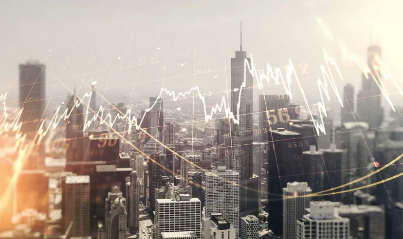 Financial market price chart overlaid on a city skyline, representing market movements and financial analysis.