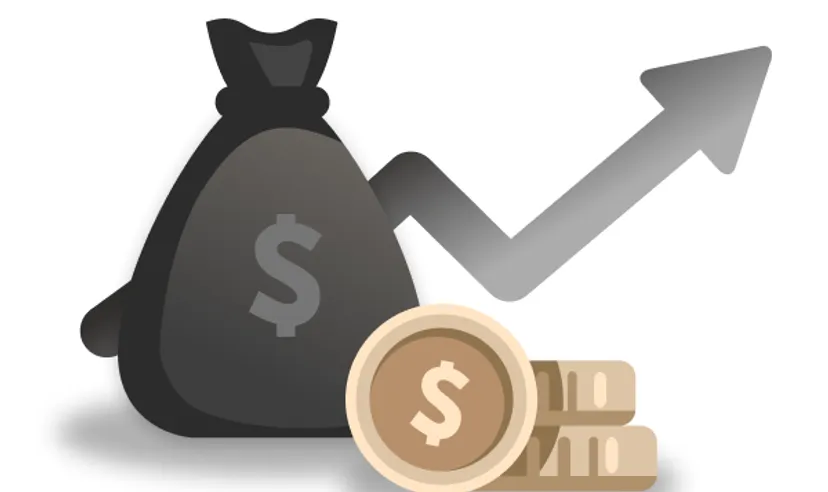 a bag of money, coins, an arrow pointing up